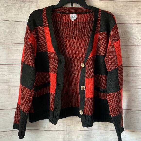 Cozy Co. by Cozy Casual Red and Black Plaid Sweater Cardigan Pockets Size S/M - Picture 1 of 13